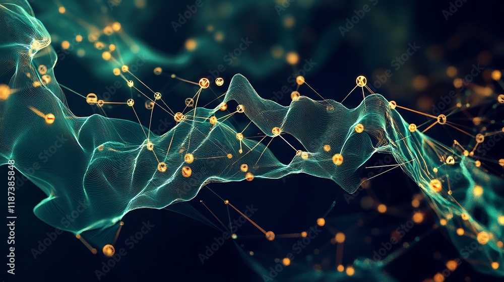 Poster Artistic visualization of derivatives symbolic nodes flowing geometric pathways representing options and futures