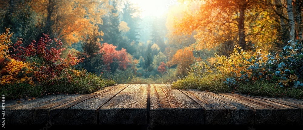 Poster empty wooden table against autumn forest background. ideal for product placement displaying fall-the
