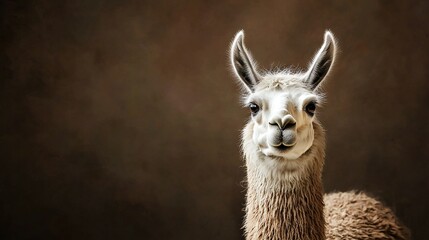 Obraz premium A close-up of a llama's face on a brown background with a blurry background