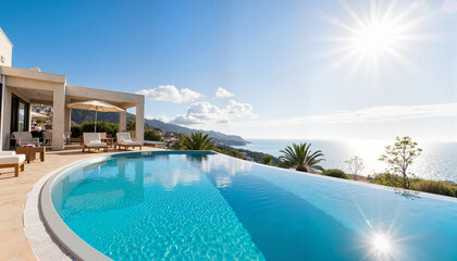 Fototapeta premium Luxury outdoor pool with ocean view and sunny skies, relaxation
