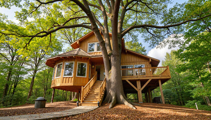 Charming fairytale treehouse nestled in lush green forest, enchanting retreat