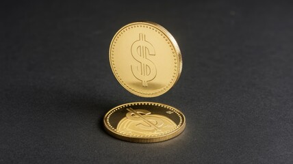 Two golden dollar coins levitating above a dark surface, symbolizing wealth and financial success.