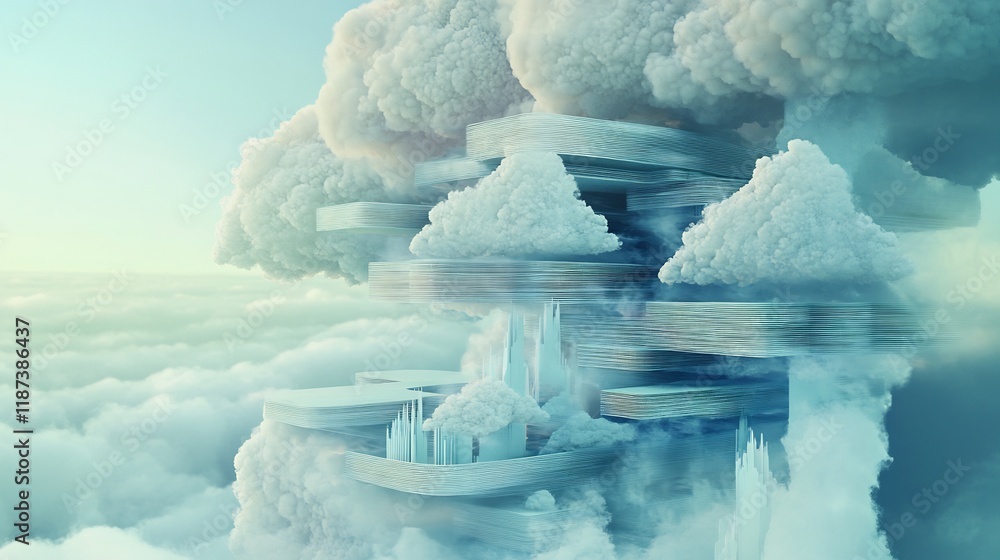 Fototapete Artistic visualization of cloud computing showcasing layered shapes symbolic clouds digital storage and scalability