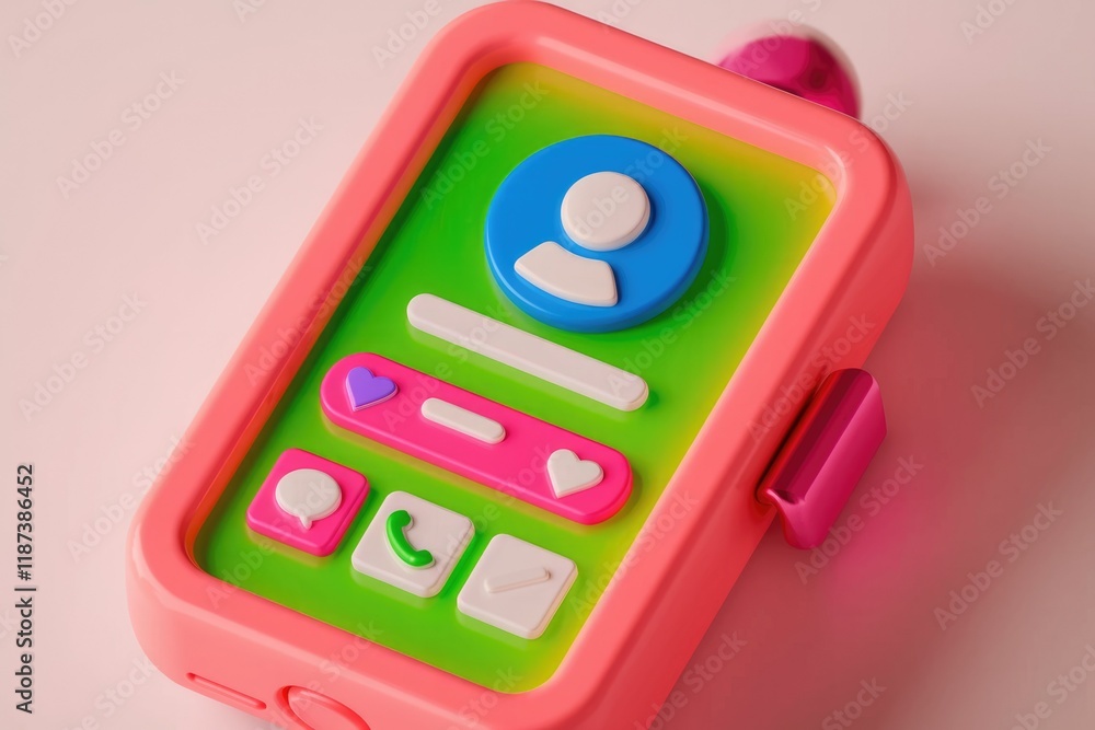 Poster A playful 3D rendering of a mobile phone interface with colorful icons representing social media interactions.