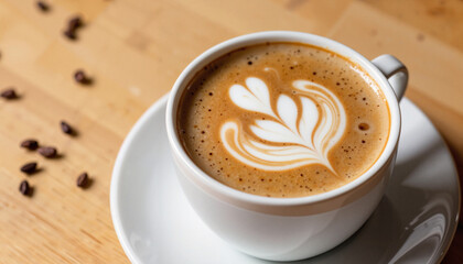 Delicious espresso shot with latte art on saucer, coffee culture