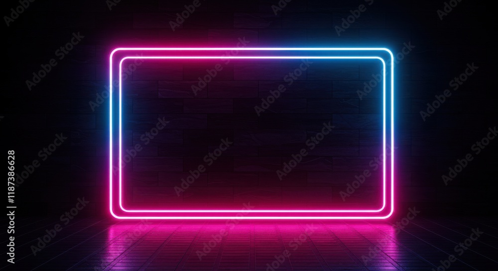 Poster 3d rendering exhibition background,neon glowing rectangular frame with a futuristic dark background 