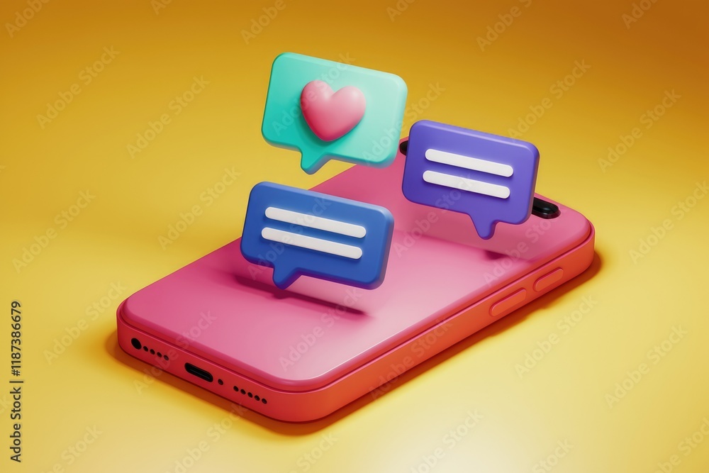 Poster Colorful 3D speech bubbles with heart and text icons hover above a pink smartphone, symbolizing social media interactions.