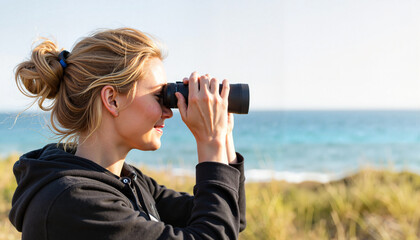 Joyful woman observing birds with binoculars by the ocean, nature exploration