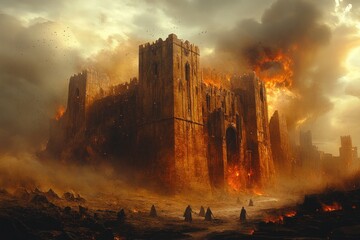 Fototapeta premium Burning castle, figures fleeing, apocalyptic scene.