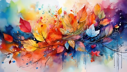 Vivid Watercolor Masterpiece with Paint Splash Elements Whimsical Scene of a Tranquil River at Dusk, Showcasing Rich Colors and Expressive Textures