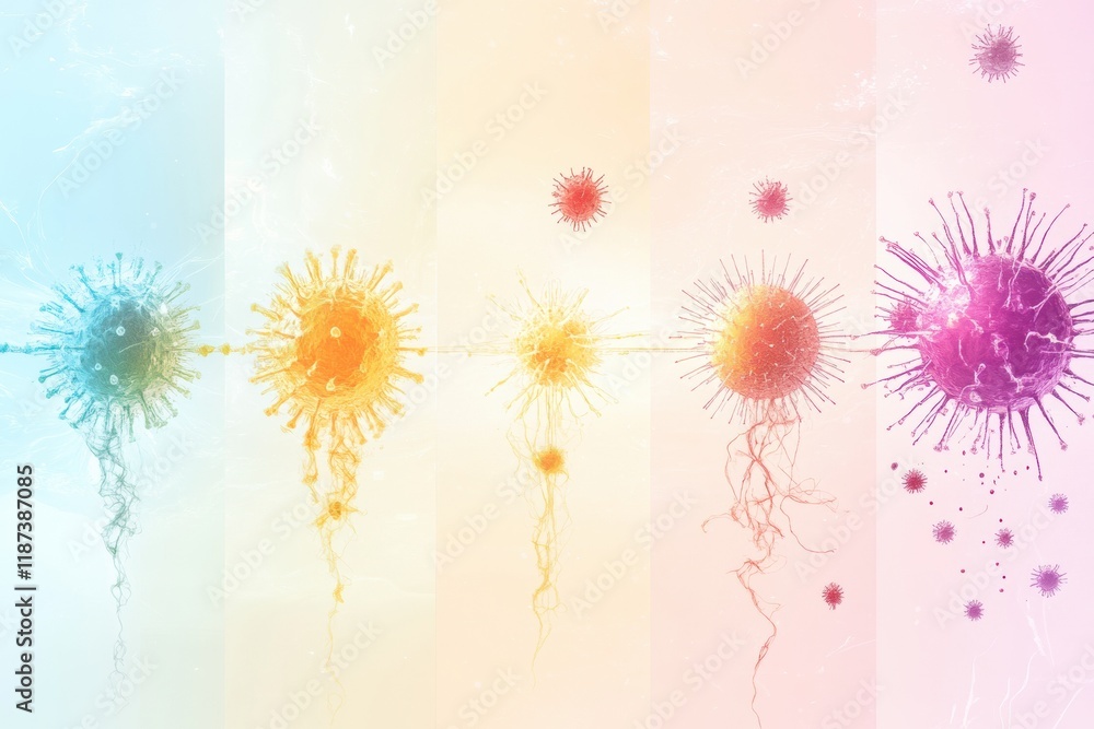Poster progression of viral forms depicted in a colorful illustration showing development from simple to co