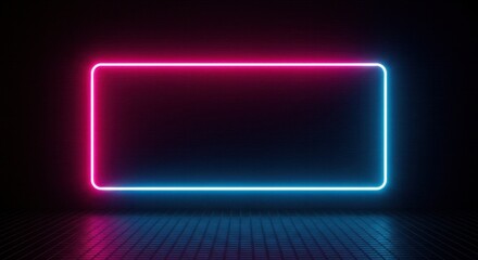 3D rendering exhibition background,Neon glowing rectangular frame with a futuristic dark background in vibrant pink and blue colors