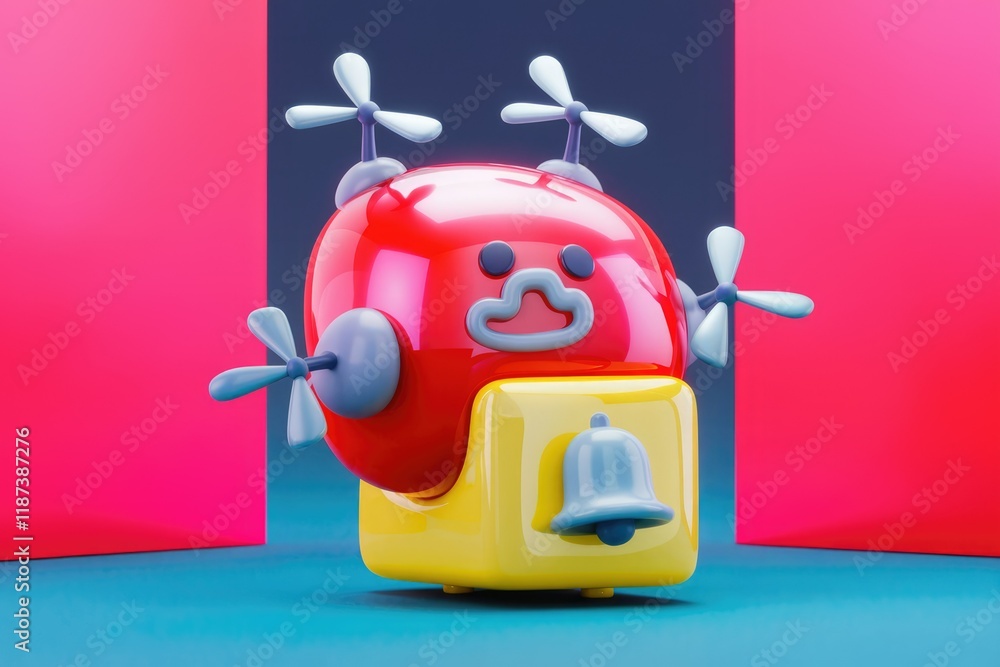 Poster a cute, cartoonish robot with propellers and a bell, rendered in vibrant colors against a colorful b
