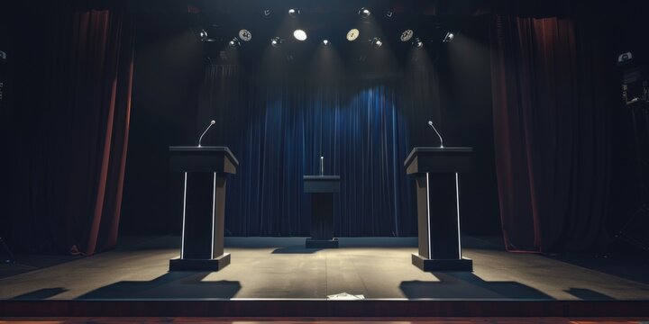Empty debate stage with two podiums awaiting speakers