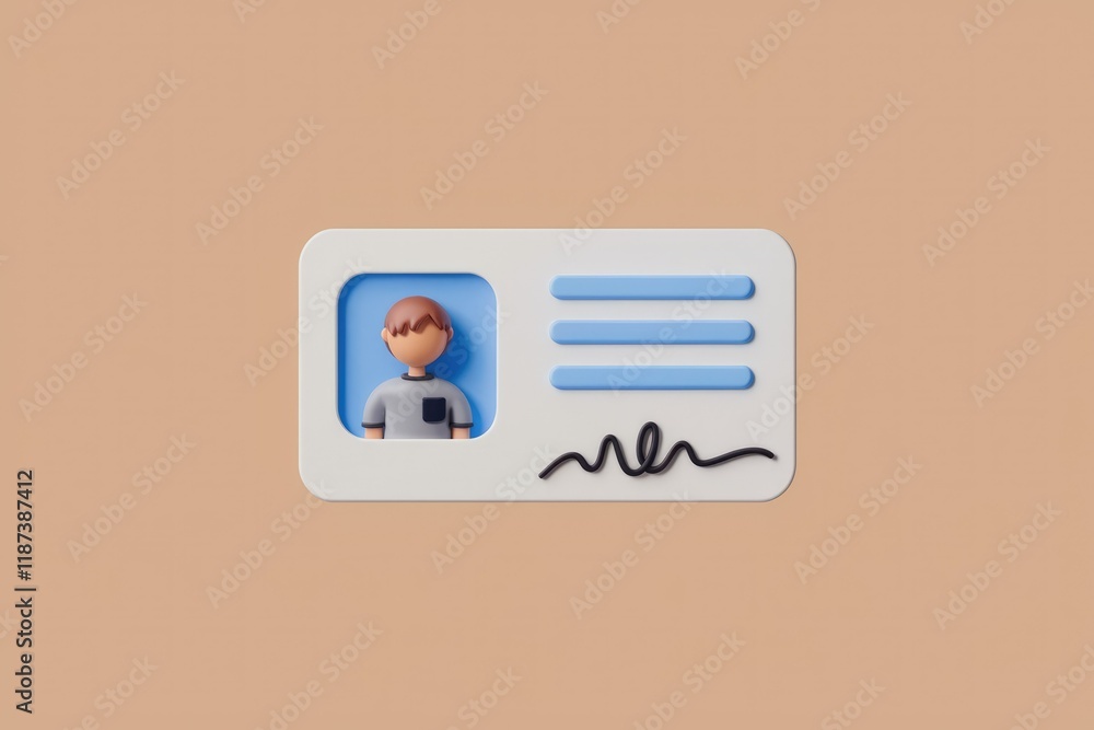 Aufkleber a 3d render of a simple id card with a cartoon person and a signature.
