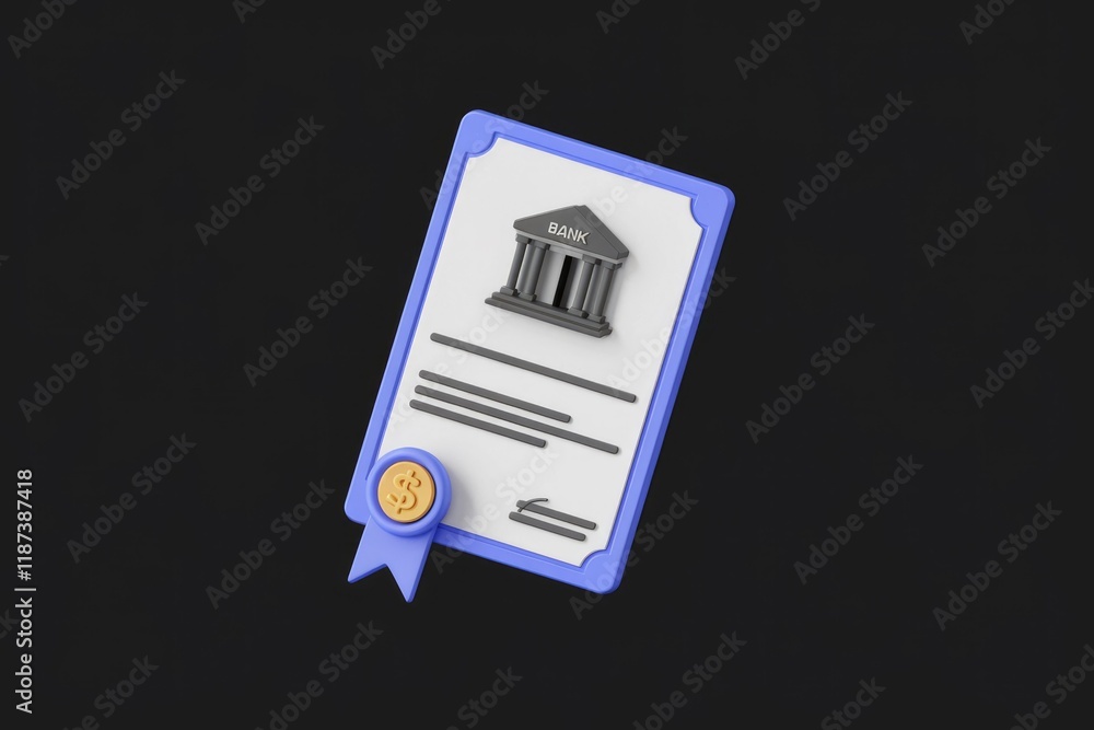 Poster 3d render of a bank certificate with a seal, symbolizing financial security and trust.
