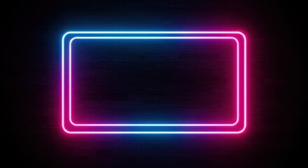 3D rendering exhibition background,Neon glowing rectangular frame with a futuristic dark background in vibrant pink and blue colors