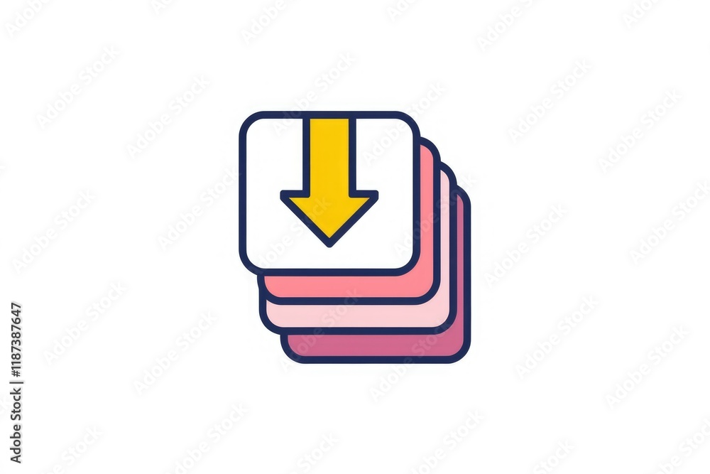 Aufkleber download multiple files indicated by a yellow arrow pointing downwards on stacked pink layers.