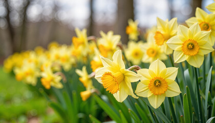 Blooming daffodils in vibrant field, springtime beauty