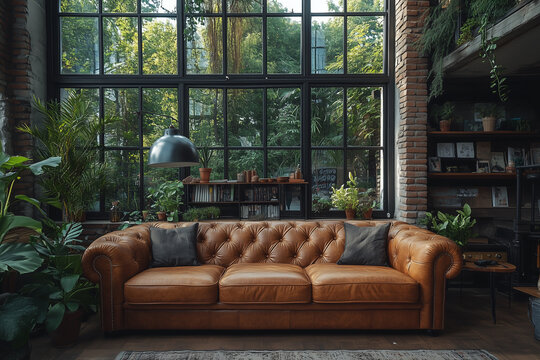 Fototapeta Nowoczesny salon z cegły z czarnymi ramami okien