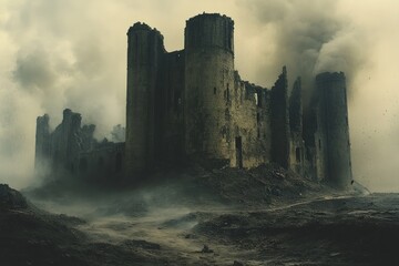Fototapeta premium Ruined castle, smoke, desolate landscape.