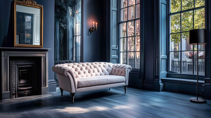 Biała luksusowa sofa w ciemnym salonie z kominkiem