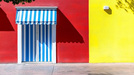 Striped door, awning, red yellow building, sunny day, storefront