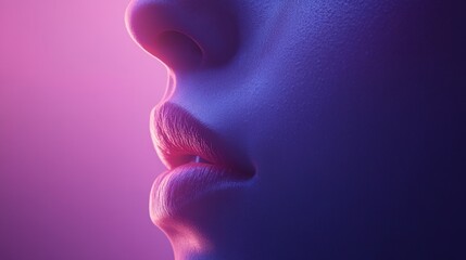 A close up of a woman's face with a purple background