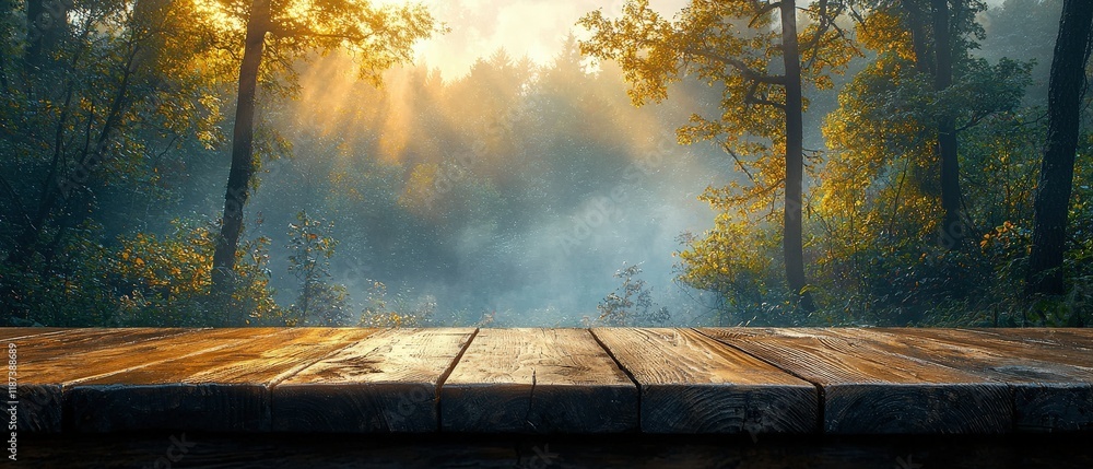 Poster empty wooden table in a misty forest. sunlight streams through the trees. ideal for product displays