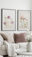 Jasna ściana w salonie z obrazami w kwiaty oraz poduszkami na sofie
