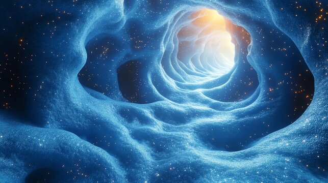 A blue tunnel with a bright light shining through it