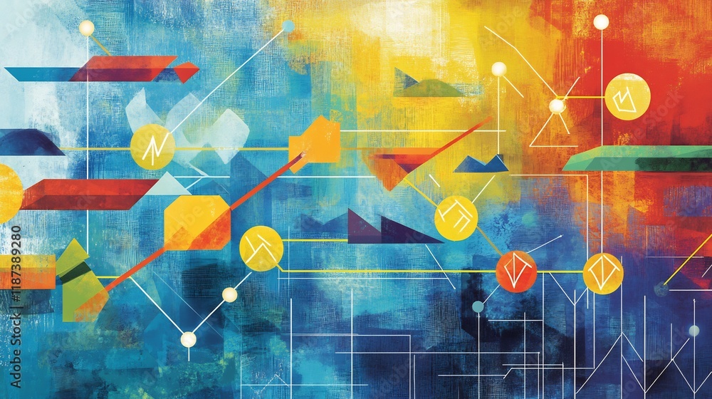 Poster artistic representation of risk assessment featuring symbolic arrow geometric nodes highlighting ris