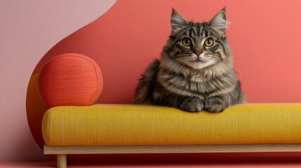A majestic longhair cat sits on a mustard yellow bench against a coral and blush pink backdrop.  The stylish minimalist setting features a modern design aesthetic with soft textures and calming color