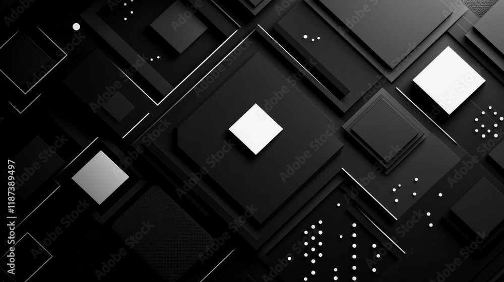 Poster abstract monochrome geometric composition: a stylish black and white 3d render of interlocking squar