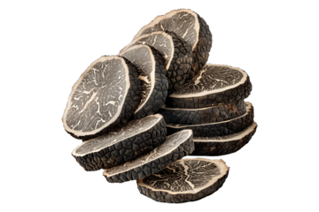 Fresh black truffles isolated on white transparent background, great for culinary and gourmet themes.