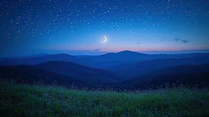 Fototapeta premium Moon over mountains at night, viewed from grassy field. Use calendar.