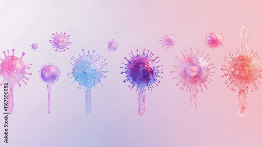 Leinwandbilder Progression of virus forms from basic to complex in colorful representations illustrating viral structure and characteristics. Generative AI