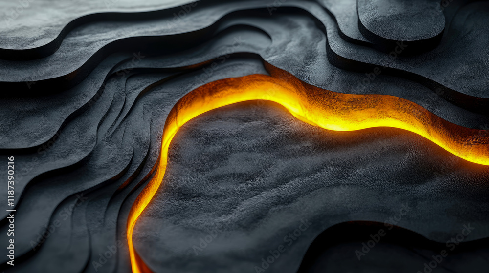 Poster abstract dark grey topography with glowing orange line: a mesmerizing 3d render of undulating, textu