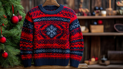 Red and Blue Fair Isle Christmas Jumper on Wooden Shelf Near Christmas Tree