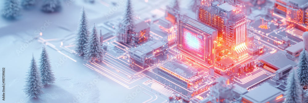 Poster futuristic winter techscape: a 3d render of a snow-covered circuit board cityscape with illuminated 