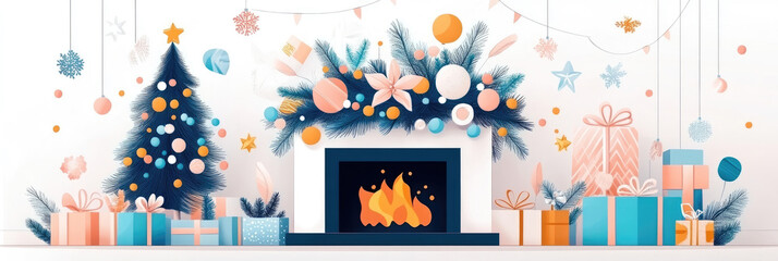 Fototapeta premium Festive Fireplace Scene with Christmas Tree and Presents: A stylish illustration showcasing a cozy winter scene with a decorated fireplace, a beautifully adorned Christmas tree