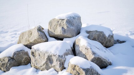 Snowy rocks winter landscape, cold field background, nature texture