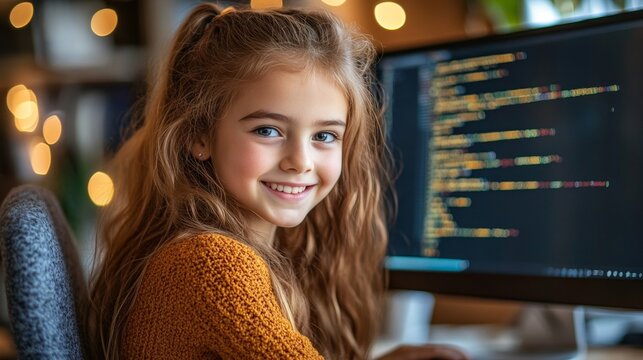 Young Girl Learns Programming on Computer At Home. Early STEM Education and Technology for Kids