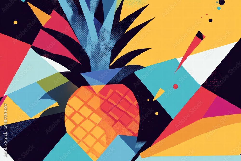 Poster vibrant abstract geometric design featuring a pineapple with bold colors and shapes enhancing tropic