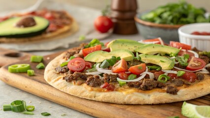 Enjoying a delicious beef taco pizza topped with fresh vegetables and herbs in a cozy kitchen setting