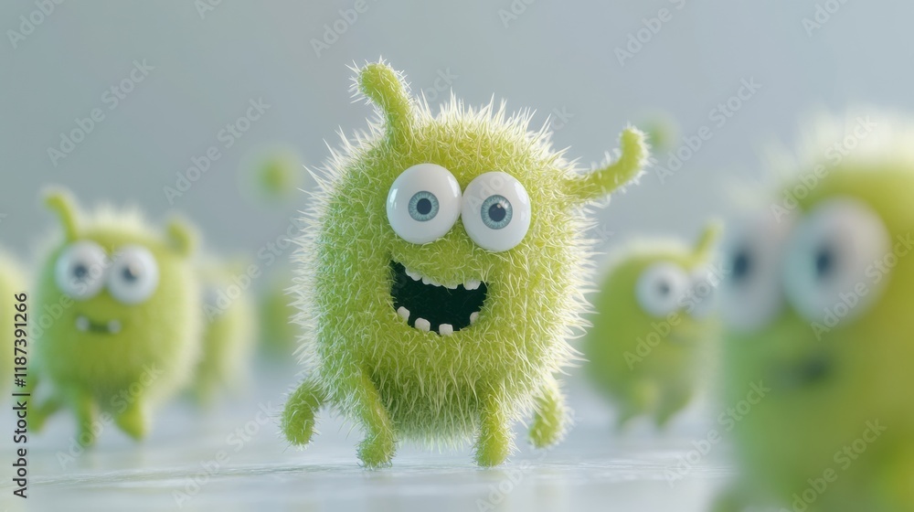 Poster cheerful microbes with big eyes and smiles dancing joyfully in a bright and vivid laboratory setting
