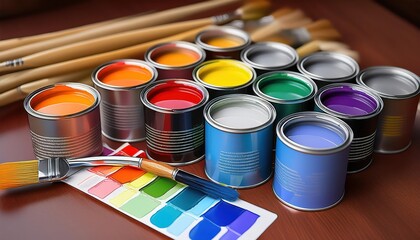 Vibrant Collection of Paints Cans Arranged with a Color Palette and Paintbrush on a Wooden Surface,...