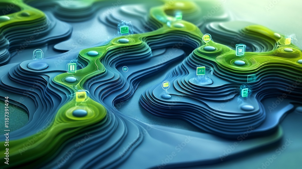 Poster Artistic rendering of omnichannel strategy layered pathways symbolic nodes representing seamless customer experiences