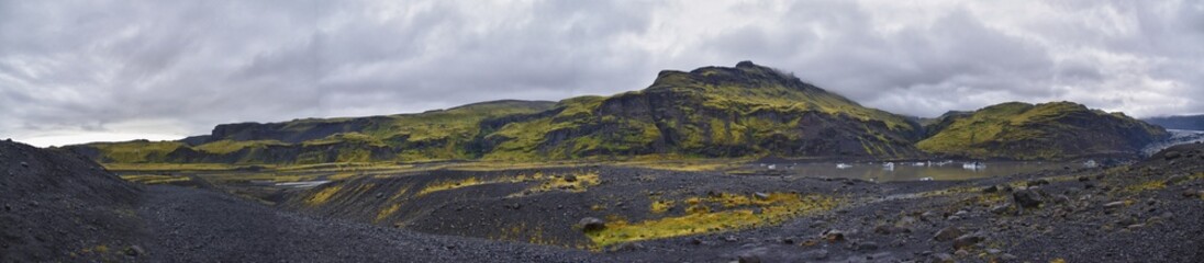 Solheimajokull glacier in Katla Geopark on Icelandic Atlantic South Coast. June 2024 South glacial tongue of Myrdalsjokull ice cap, near Vik village, Iceland, Europe