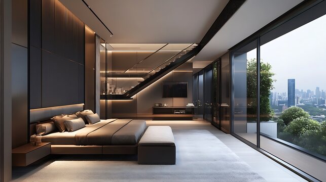 Modern suite with a sleek floating staircase and glass railings 